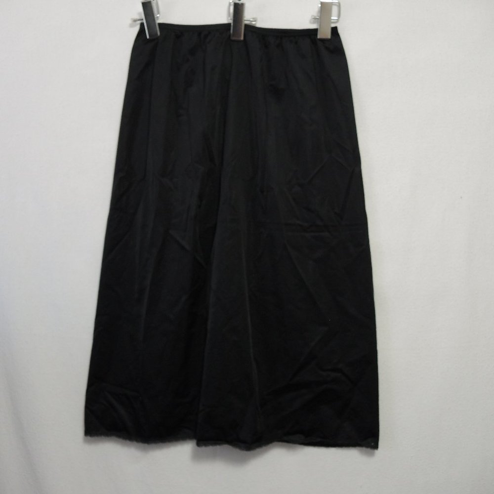 Vtg Vanity Fair Black Nylon Half Slip Elastic Waist w/ Slit in Back Size L